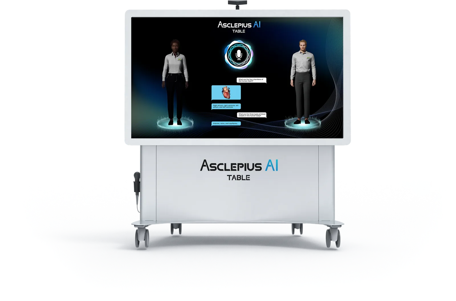 The Asclepius AI Table seen at an angle, with two full-body models held
                  side by side on screen and a question-and-answer thread between them.