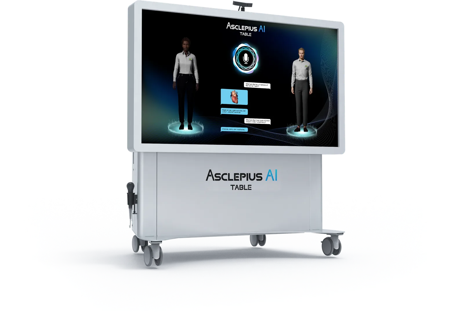 TBK-AI-65 Vision 4K: the 65-inch Asclepius AI Table on its mobile base,
                    seen at an angle.