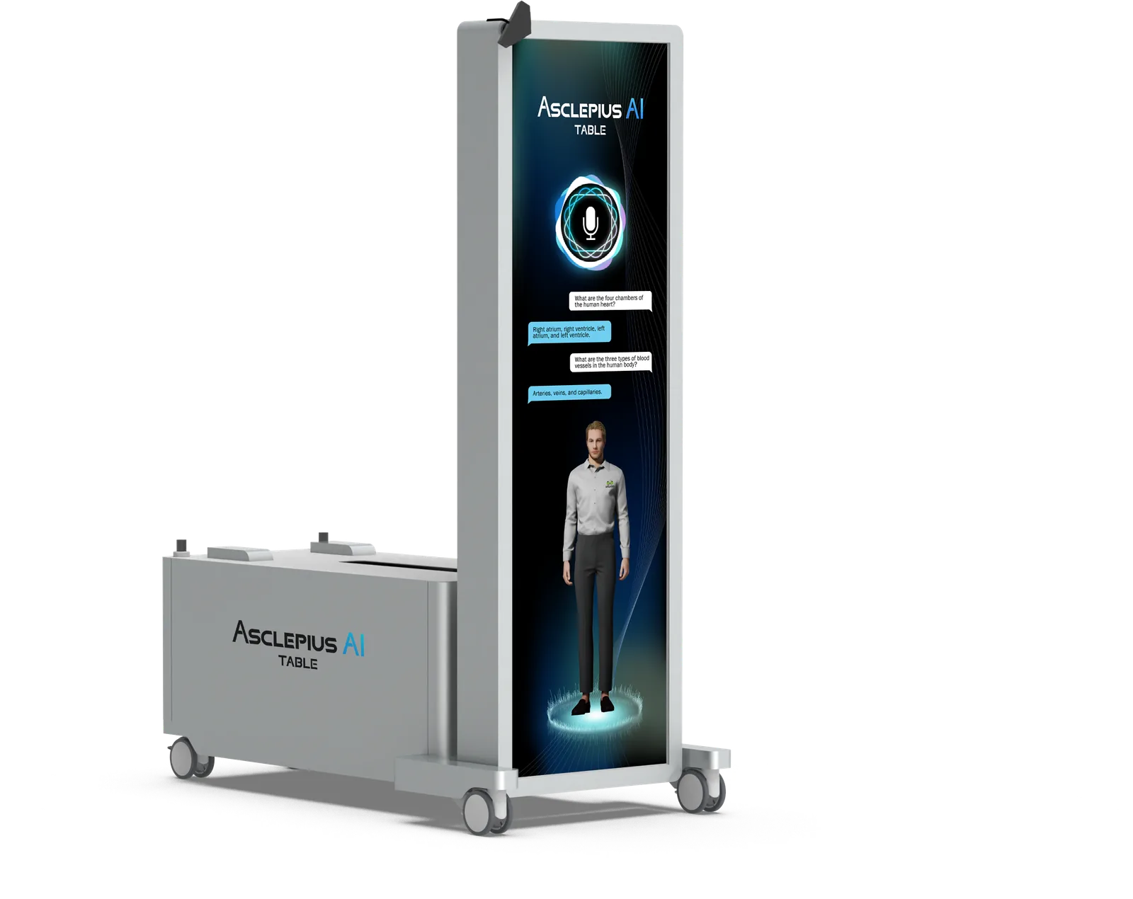 TBK-AI-84 Ultra: the larger upright Asclepius AI Table with its storage
                    cabinet alongside.