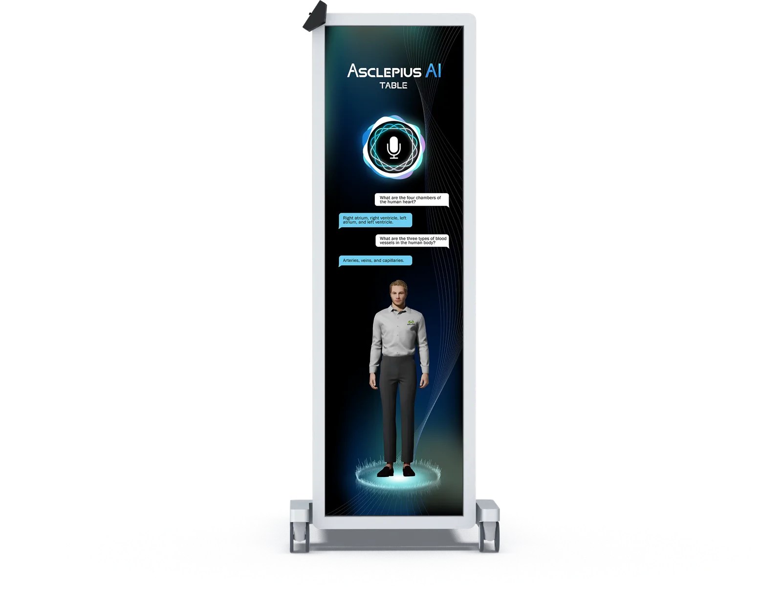 The upright Asclepius AI Table with the voice assistant listening, a thread
                  of spoken questions and answers on screen, and a full-body model below.