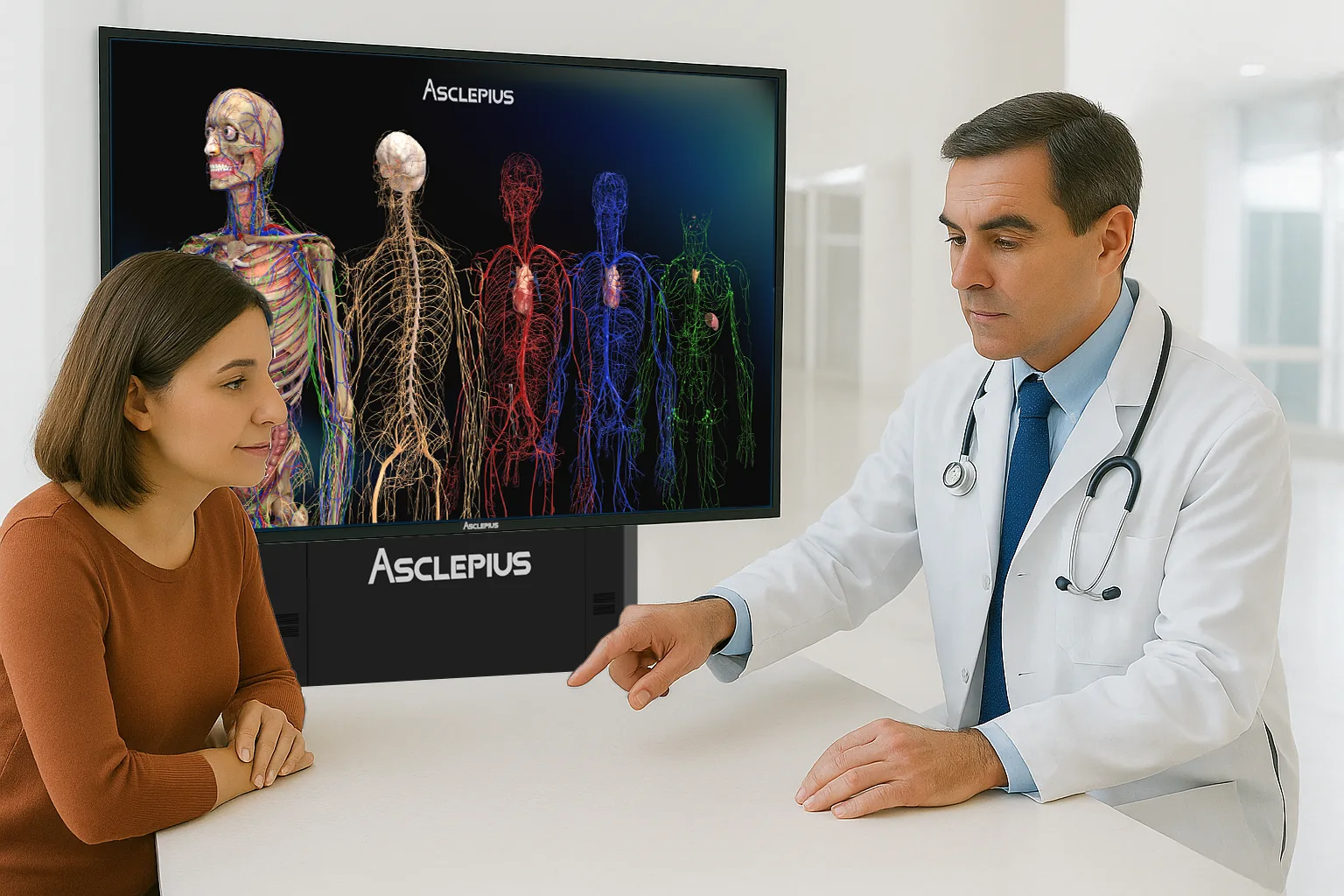 A physician gesturing towards a large Asclepius screen showing five
                    full-body systems side by side, with a patient seated at the same table.