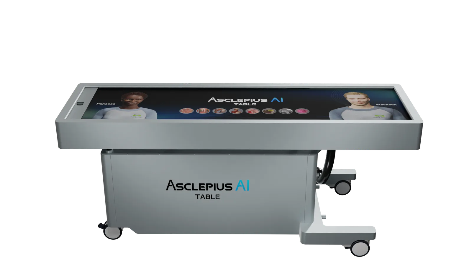 The Asclepius AI Table, an ultra-wide touchscreen on a wheeled stainless-steel base, displaying two full-body anatomical models either side of the Asclepius AI menu