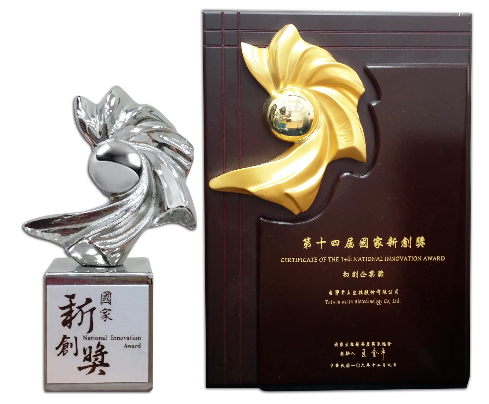 A silver sculpted National Innovation Award trophy next to a dark wooden
                    plaque bearing the certificate of the 14th National Innovation Award.