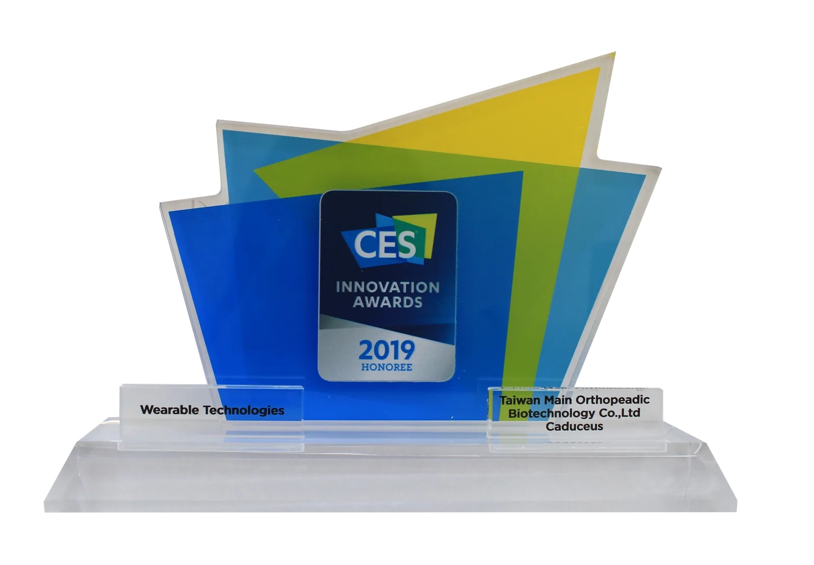 A layered blue and yellow acrylic trophy reading CES Innovation Awards
                    2019 Honoree, Wearable Technologies.