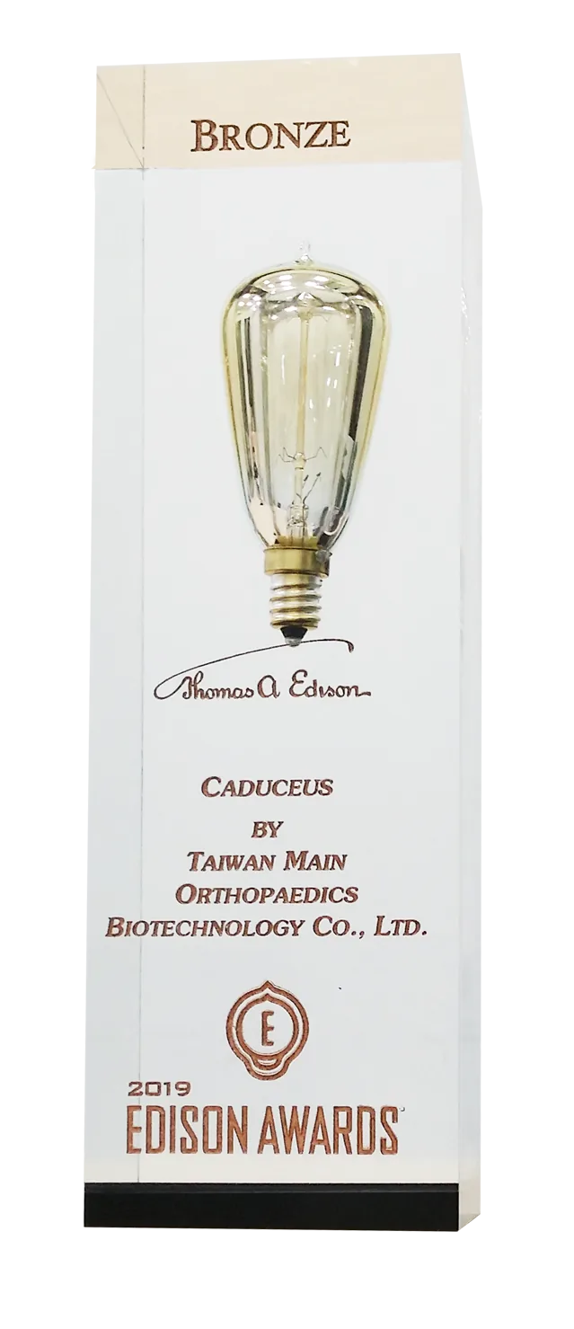 A tall white Edison Awards trophy marked Bronze, with an illustration of
                    Edison's light bulb and the year 2019.