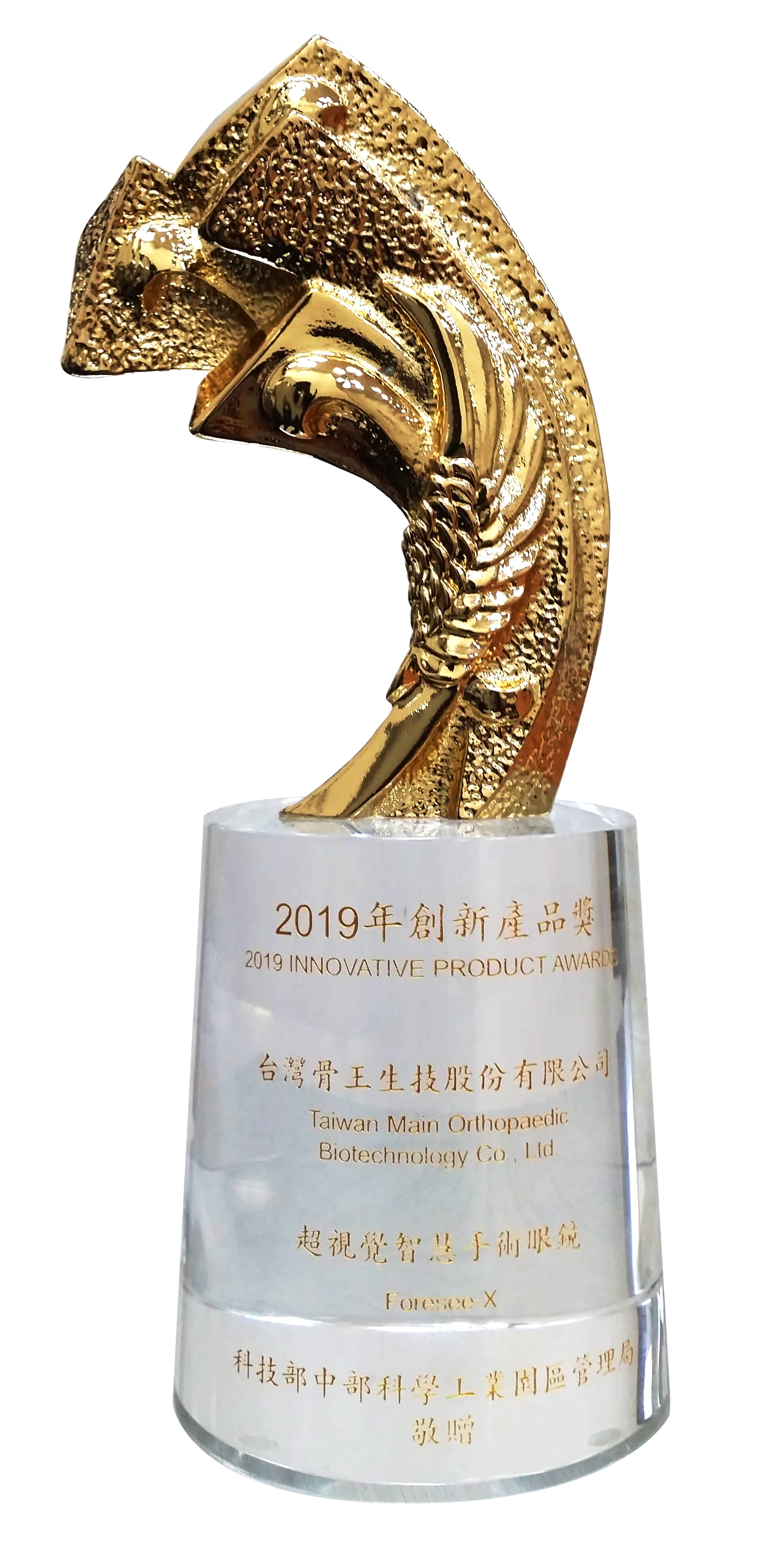 A gold sculpted trophy on a clear base engraved 2019 Innovative Product
                    Award, naming Foresee-X.