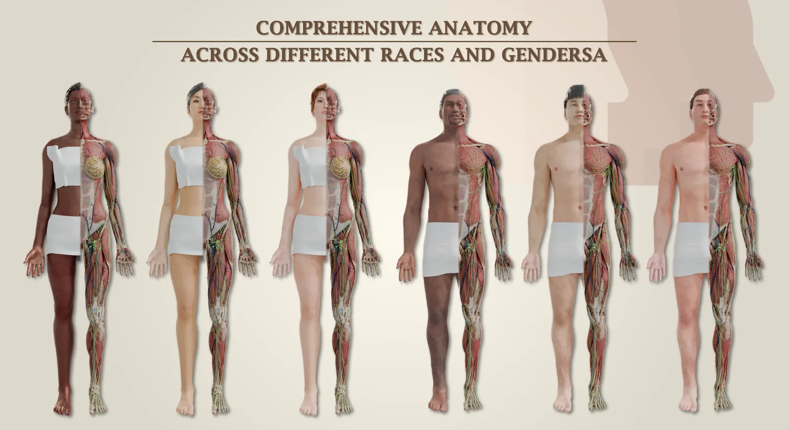 Six full-body anatomical models of different skin tones and both sexes
                    standing in a row, each split down the middle to show the muscular and
                    vascular systems on one side.