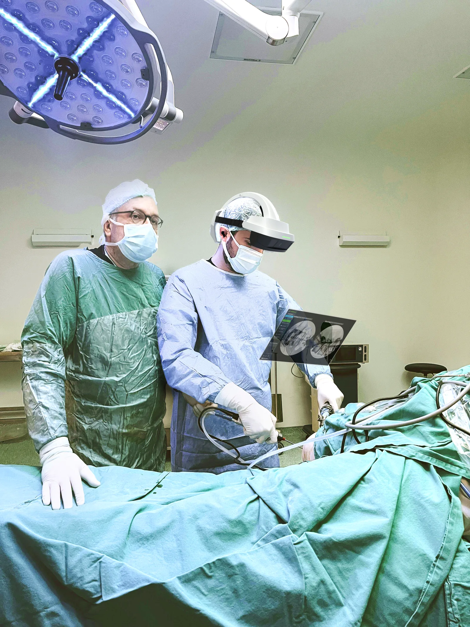 Two surgeons in gowns and masks stand at a draped operating table. One wears
                  a Caduceus S headset and holds an instrument, with a translucent navigation
                  panel showing spine imaging floating in front of him.