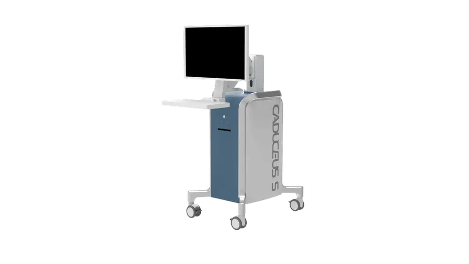 Animated view of the compact Caduceus S navigation cart, a wheeled blue and
                  white unit carrying a display on an articulated arm and a work surface.