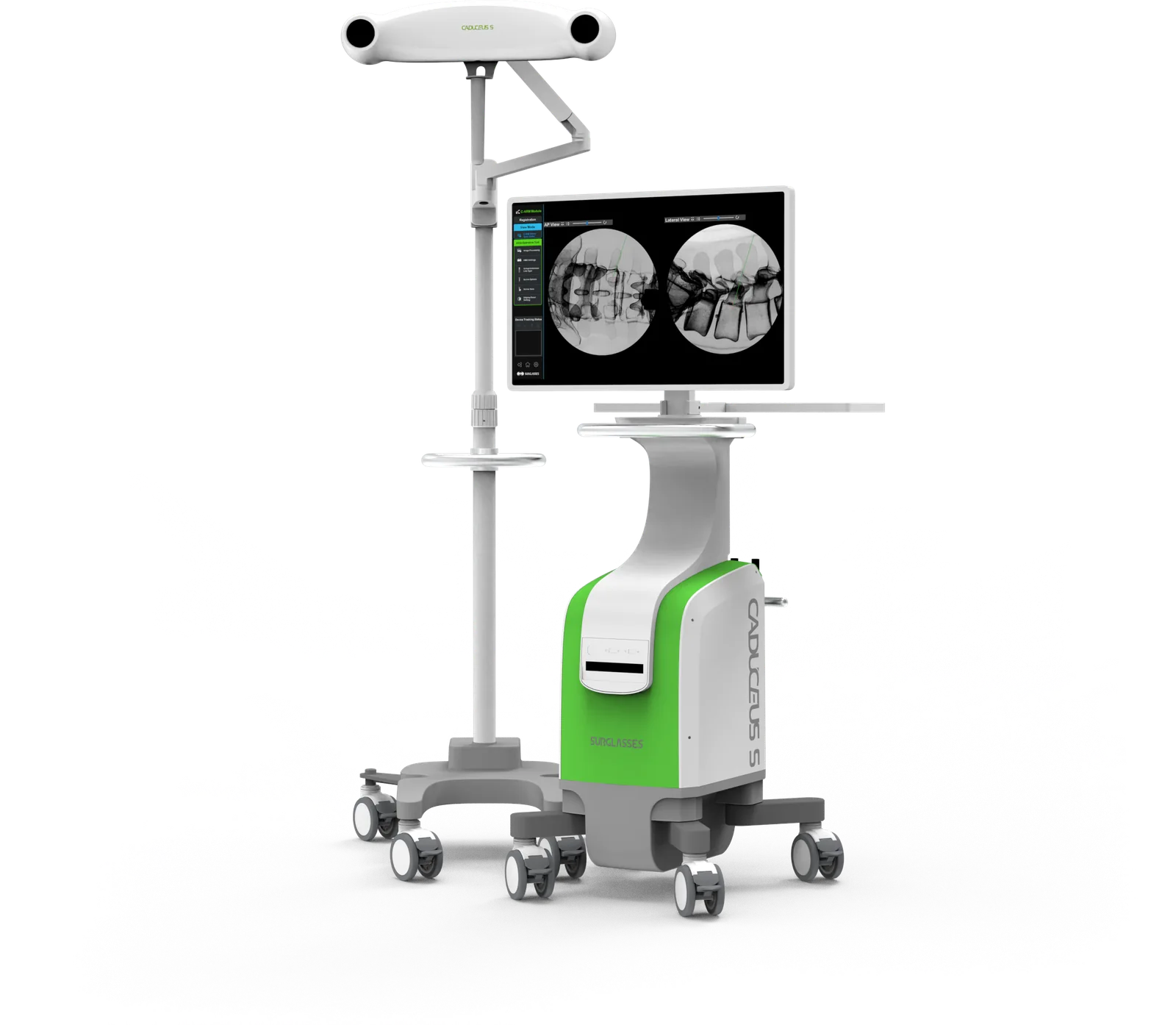 The Caduceus S navigation cart: a wheeled green-and-white trolley carrying a
                  large touchscreen workstation, with a tracking camera on an arm above it.
