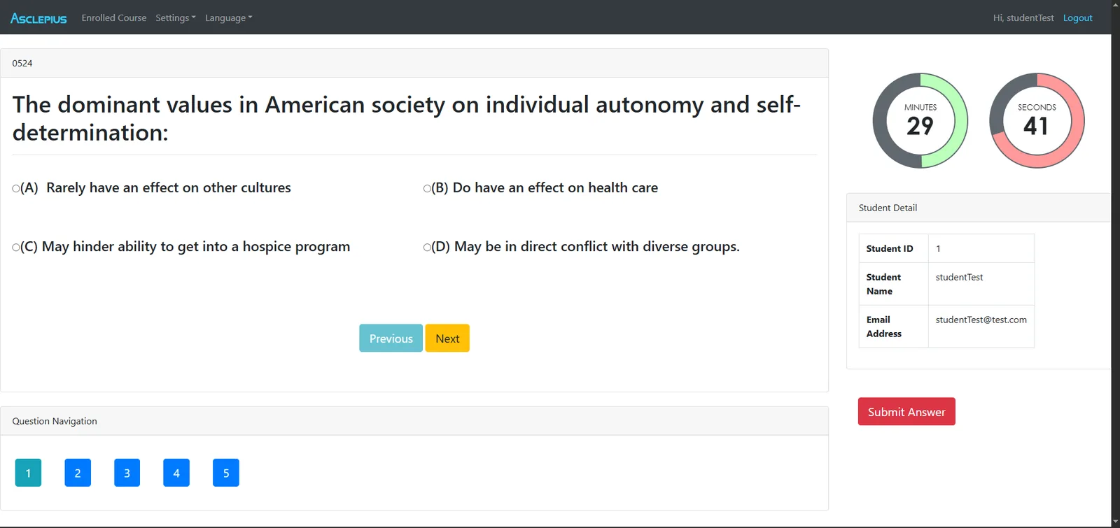 The student view of an Asclepius examination: a multiple-choice question,
                  a countdown timer, the student's details and a question navigator along the
                  bottom.