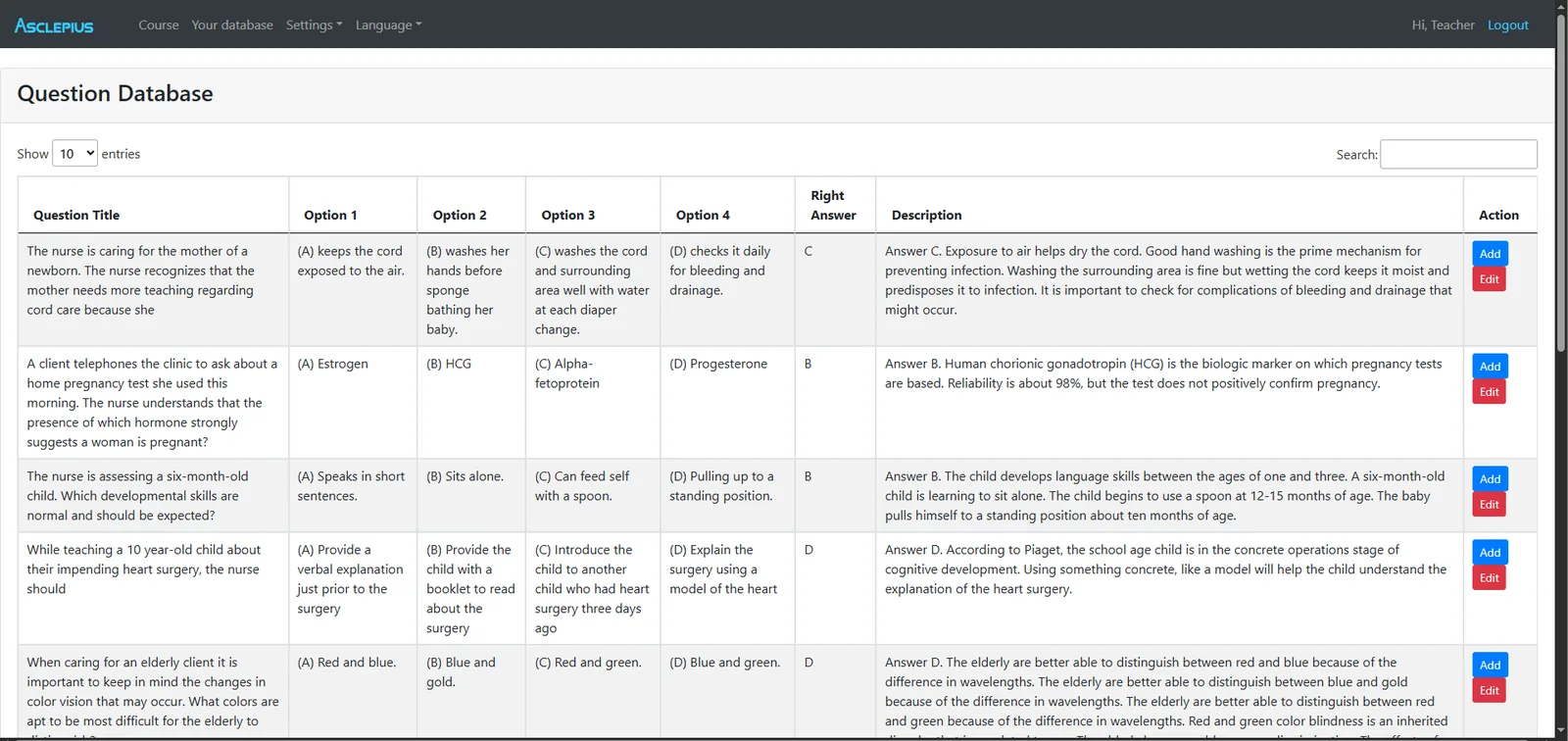 The question editor with a written question, its answer options and the
                    marking settings.