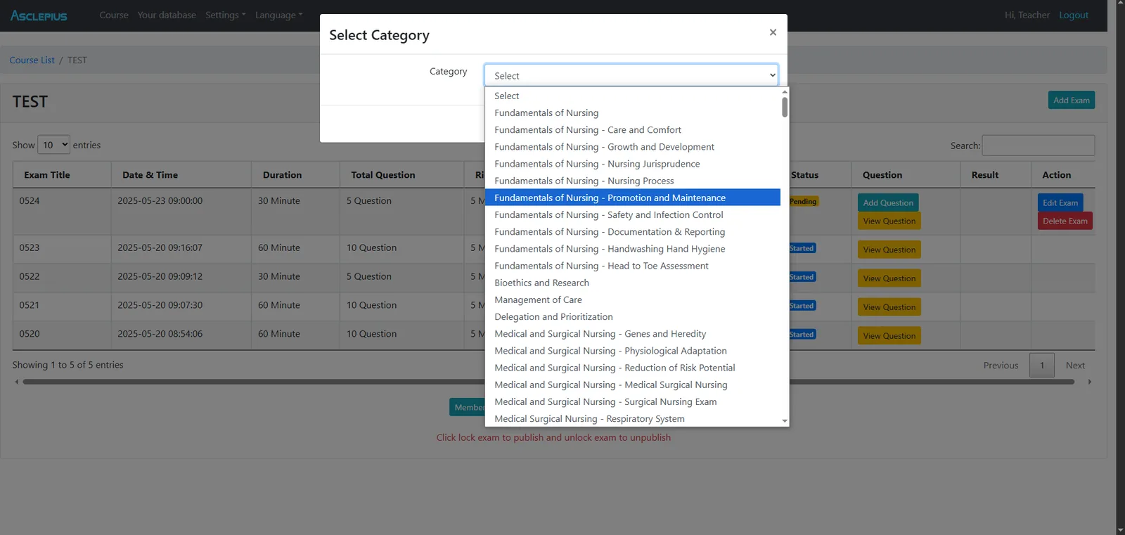 The exam category picker open on a long list of nursing subjects, from
                    fundamentals of nursing through medical and surgical nursing.
