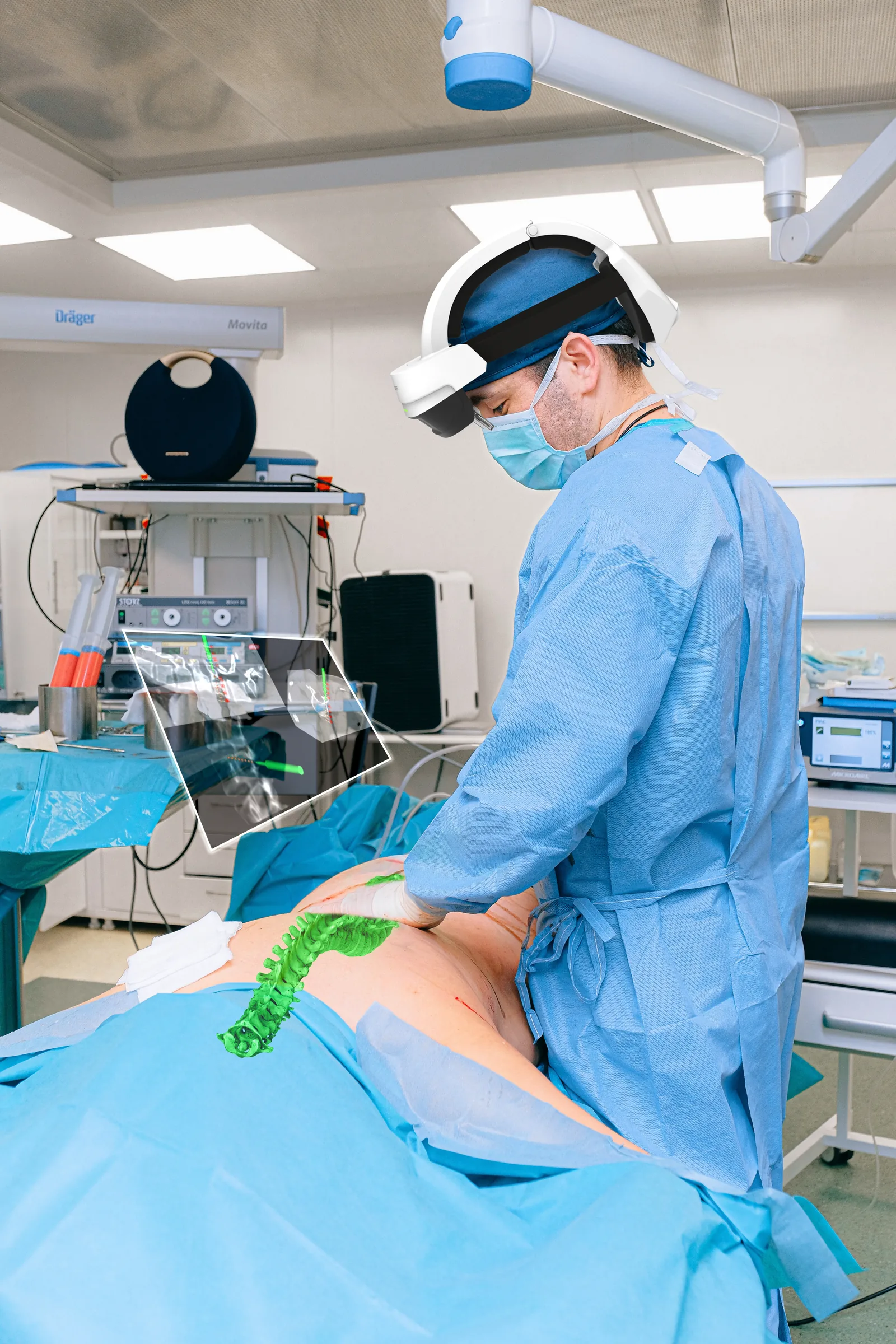 A surgeon wearing the Caduceus S headset stands over a draped patient in a
                  real operating theatre. A green 3D model of the lumbar spine is projected
                  onto the patient's lower back, with a floating panel of fluoroscopy views
                  beside it.