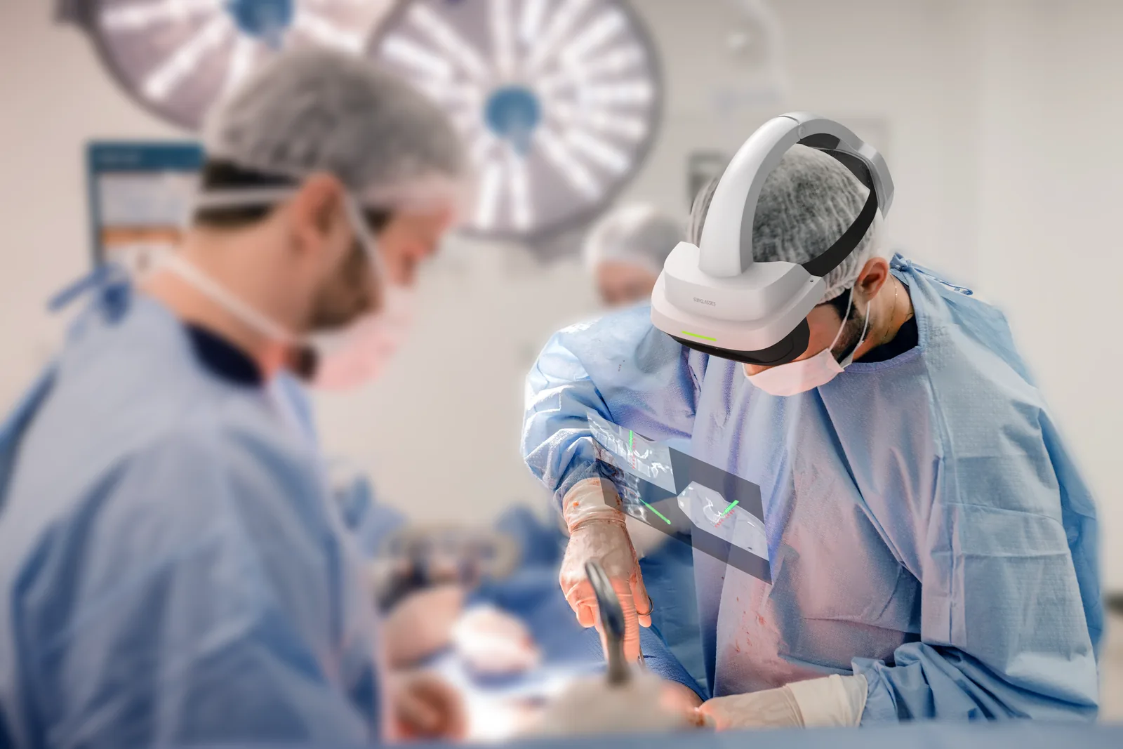 A surgeon in a blue gown wearing the Caduceus S headset leans over a patient,
                  a translucent navigation panel showing two spine views floating in front of
                  them while a second surgeon works out of focus in the foreground.