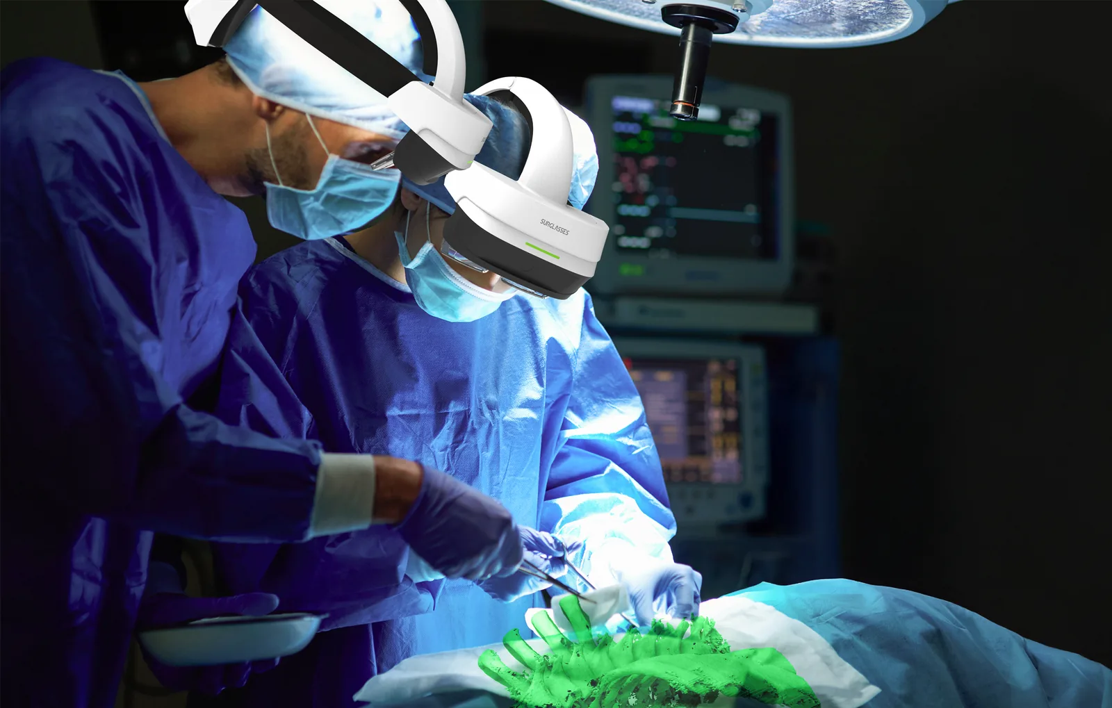 Two surgeons in a darkened operating room wearing Caduceus S headsets, a
                    bright green 3D model of the lumbar spine projected onto the draped
                    patient in front of them.