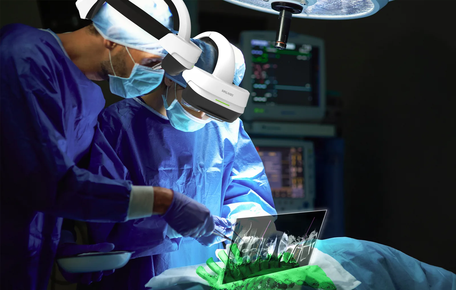 The same darkened operating room, now with both a green 3D spine model on
                    the patient and a translucent panel of fluoroscopy views with planned
                    screw trajectories floating above it.
