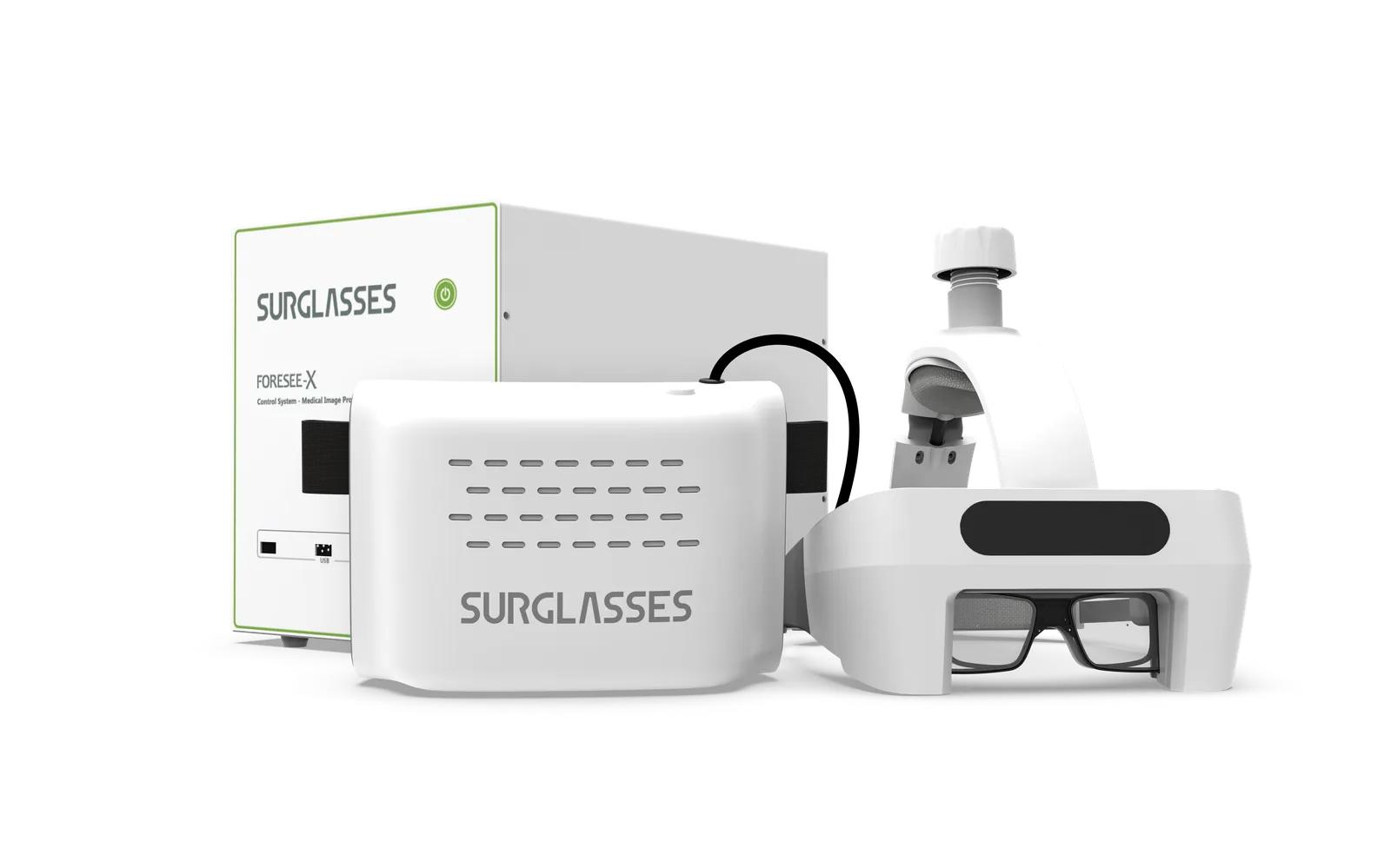 The three parts of the Foresee-X system on a plain background: a white
                  control unit marked Foresee-X, a body-worn transmitter with a short cable,
                  and the head-mounted display with its clear see-through lenses.