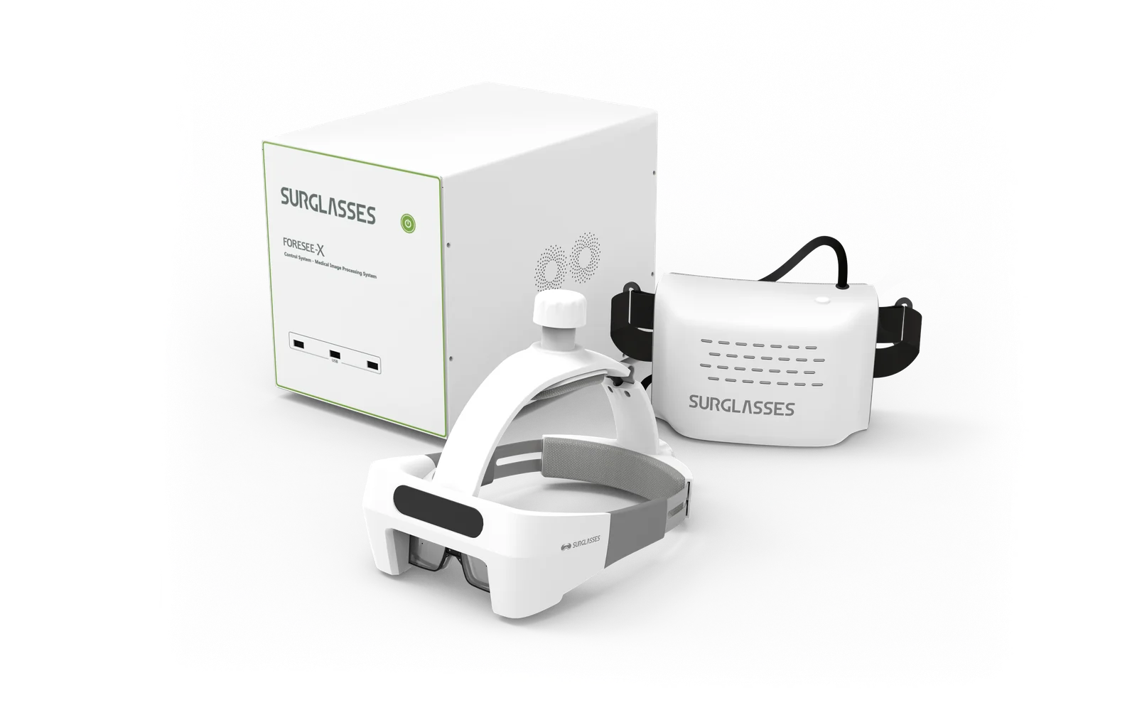 The Foresee-X system: a white head-mounted display with a padded strap, a
                  white control box marked Foresee-X Control System, and a belt-worn
                  transmitter unit connected by a short cable.