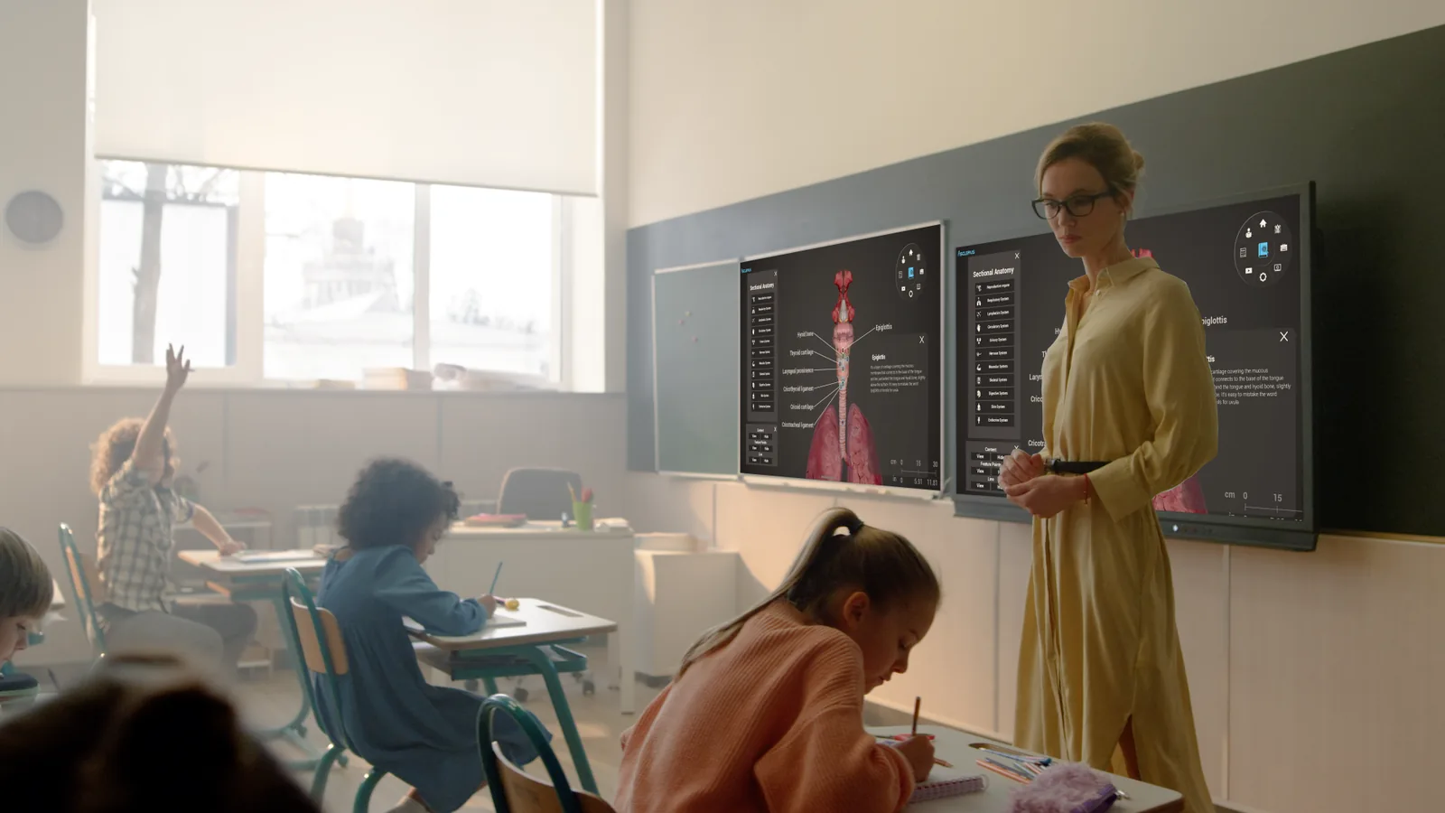 Two wall-mounted Asclepius screens showing sectional anatomy of the throat
                    in a sunlit primary classroom, a teacher walking between the desks.