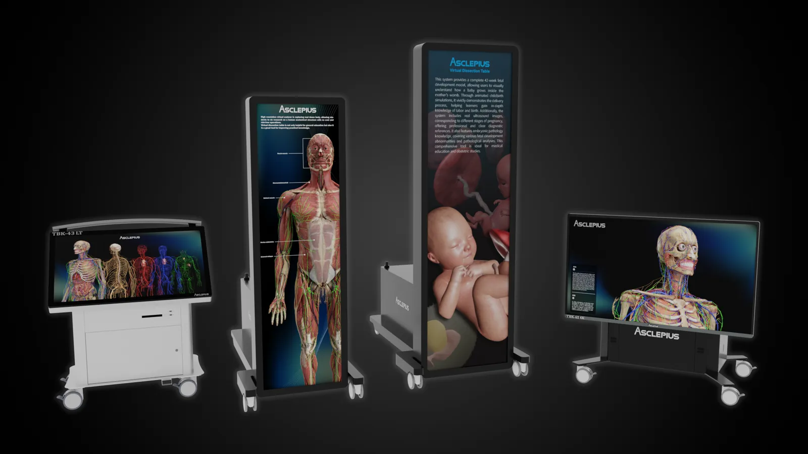 The four Asclepius table models side by side on a black background &mdash;
                  the TBK-43 LT lecture table, two upright large-format tables and the
                  TBK-65 4K on its stand.