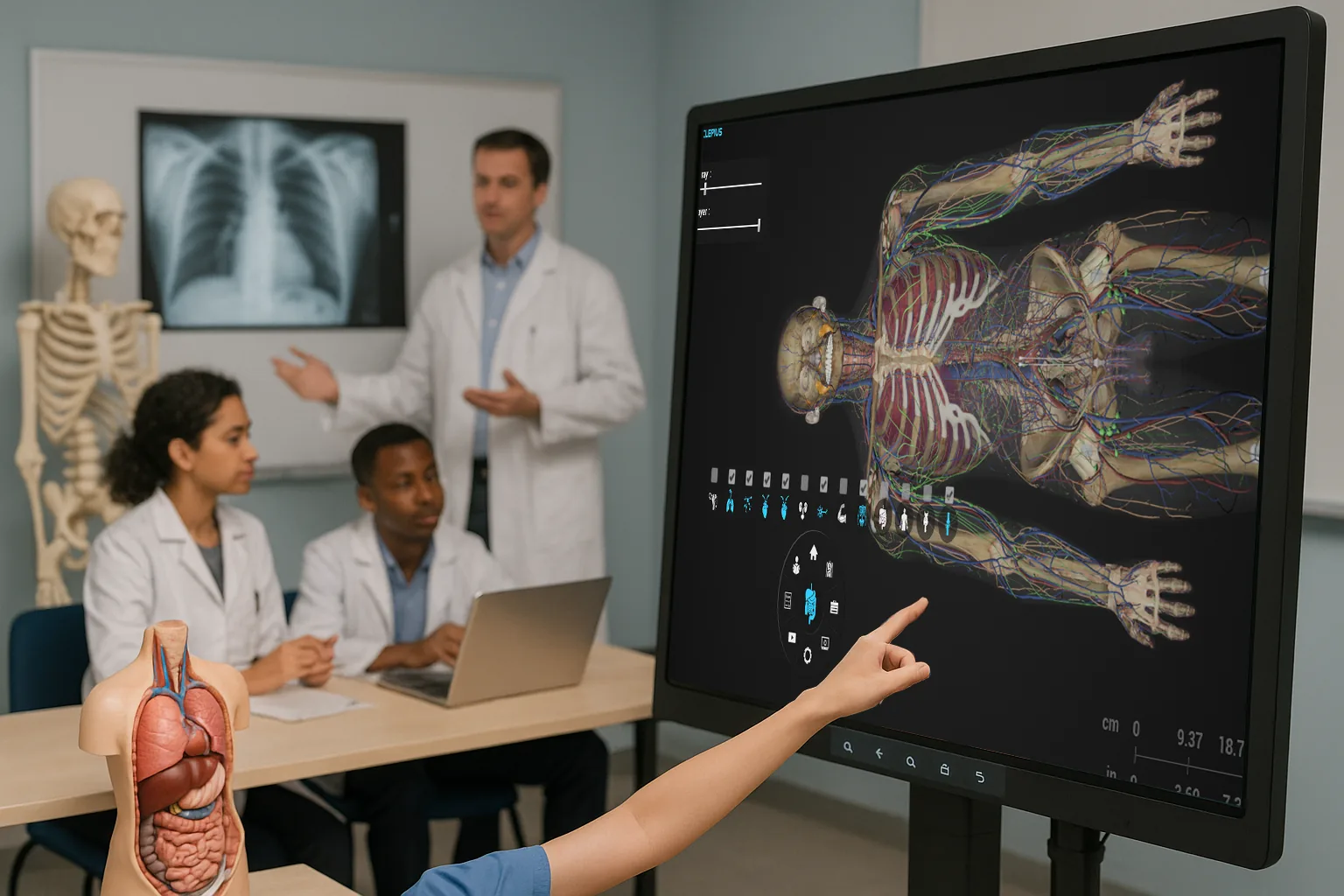 A student reaching out to touch a large Asclepius screen showing a full-body
                  vascular and lymphatic model, with an instructor and two classmates behind
                  them in a teaching room.