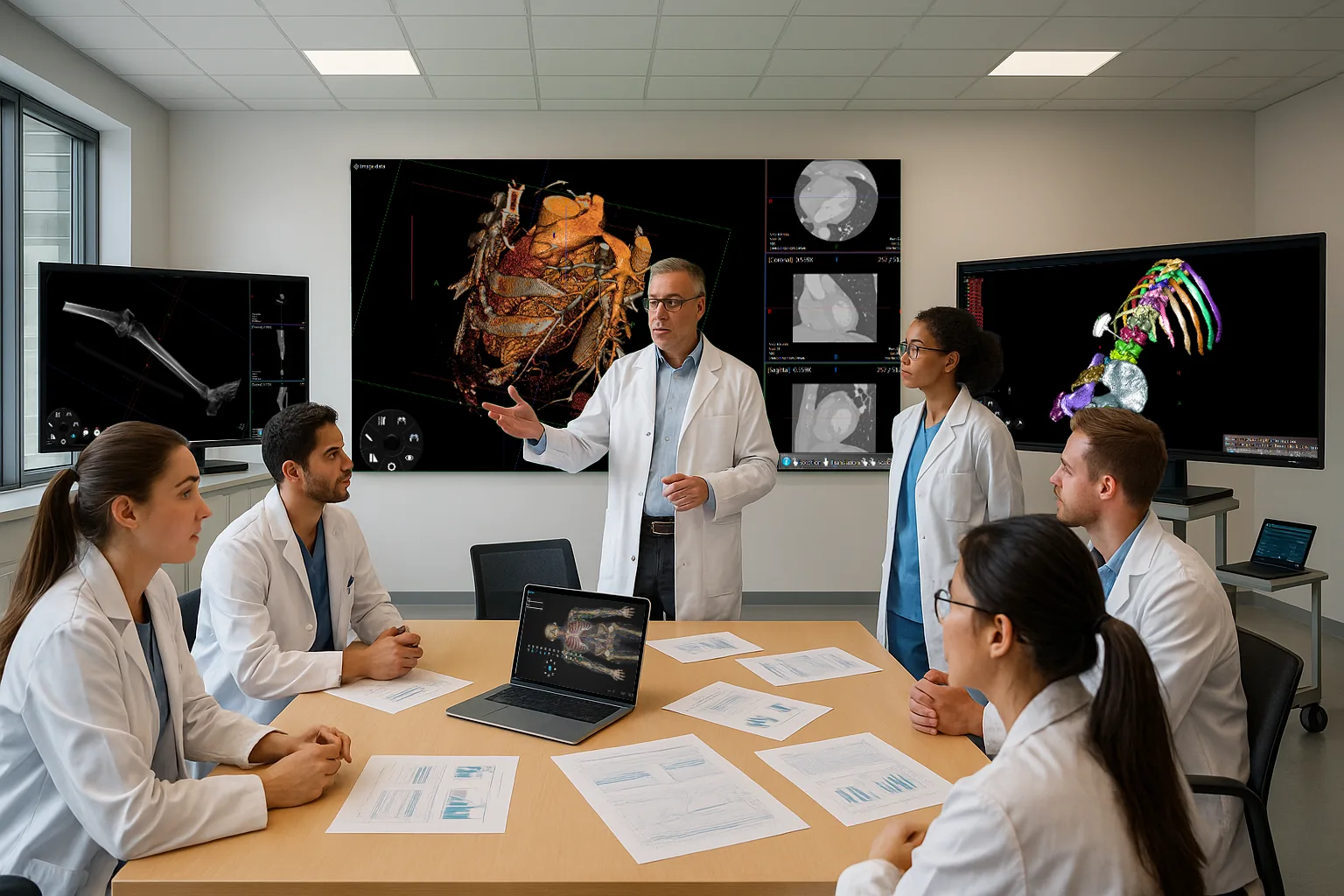 An instructor addressing five clinicians in a room with three large displays
                  showing a volume-rendered heart, a limb scan and a segmented rib cage.