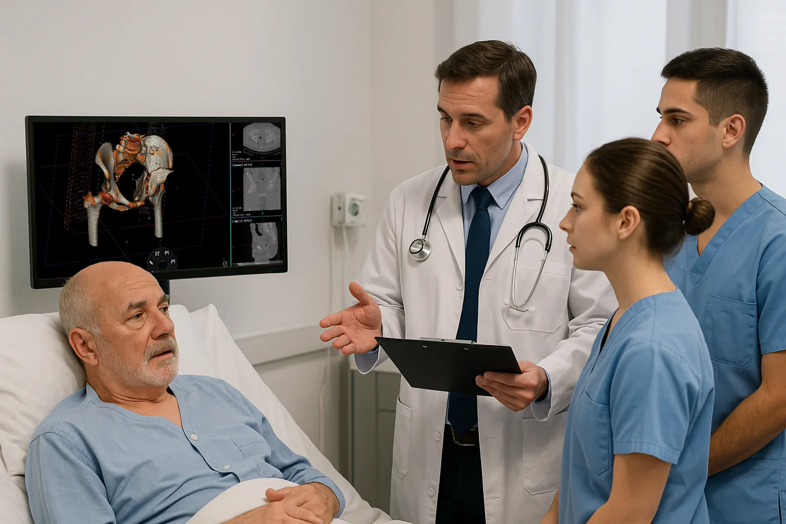 A physician briefing two students in scrubs at a patient's bedside, a screen
                  on the wall showing a 3D pelvic reconstruction alongside its CT slices.