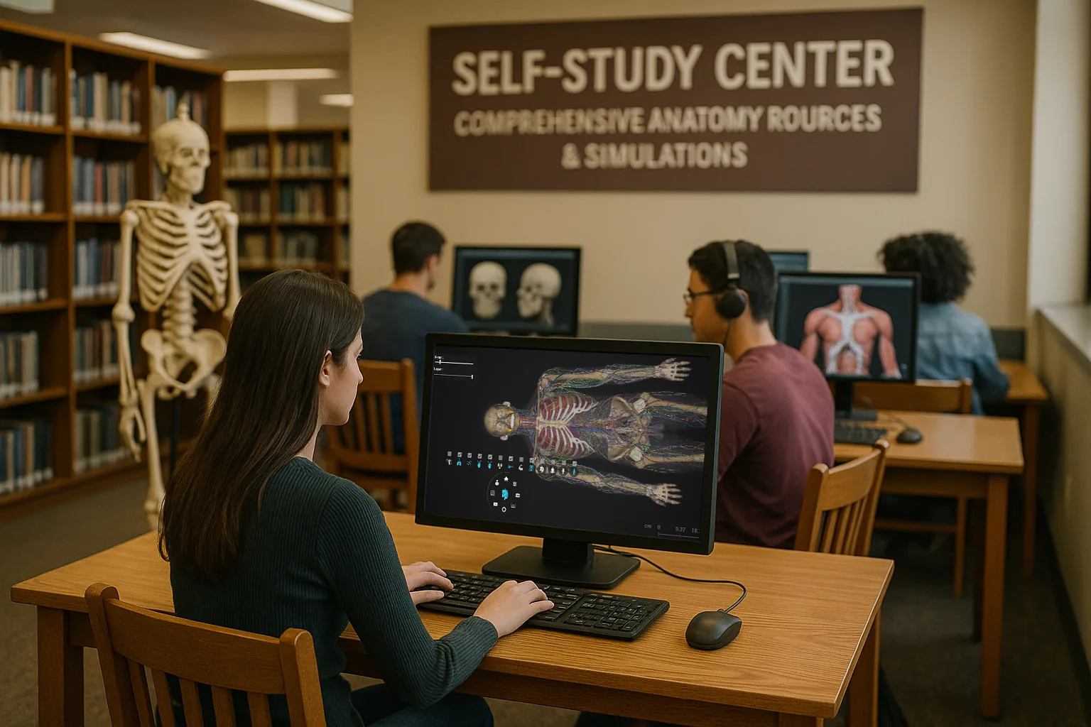 Students working alone at computers in a library self-study centre, each
                    screen showing an Asclepius anatomical model, a skeleton standing beside
                    the bookshelves.