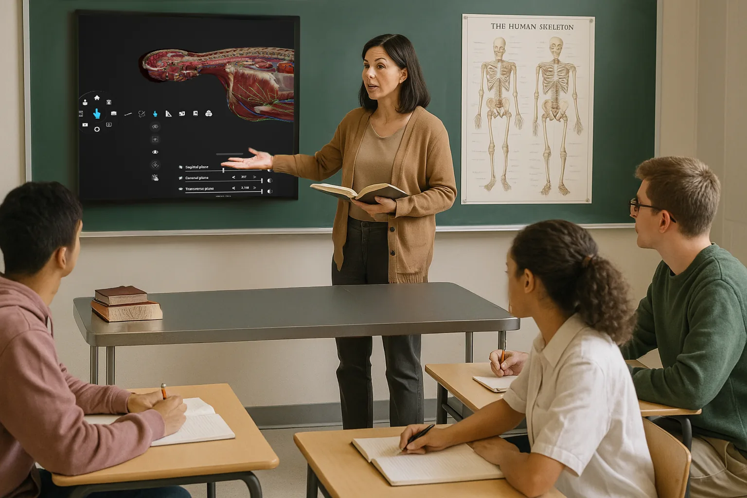 An instructor teaching a small seminar class beside a wall-mounted Asclepius
                    screen showing a sectional anatomy view, a printed skeleton chart next
                    to it.