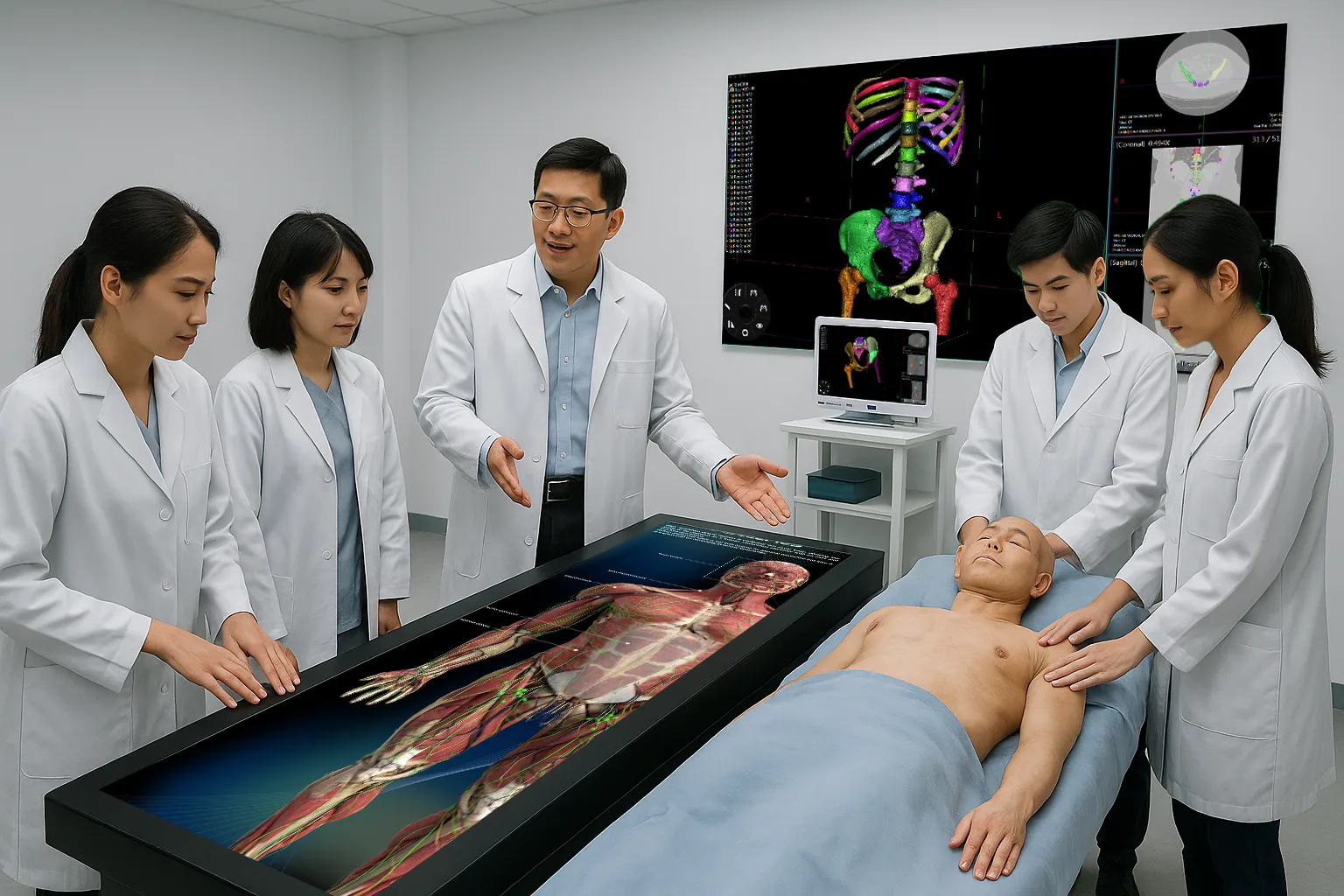 Five people in white coats around a flat Asclepius table displaying a
                    full-body model, with a simulation manikin on a trolley beside them.