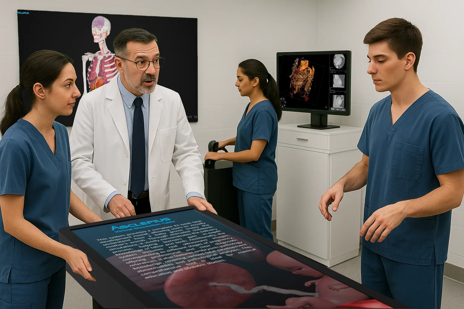 A clinician talking through a case with three students in scrubs around an
                    Asclepius table in a hospital training room, a diagnostic monitor behind
                    them.