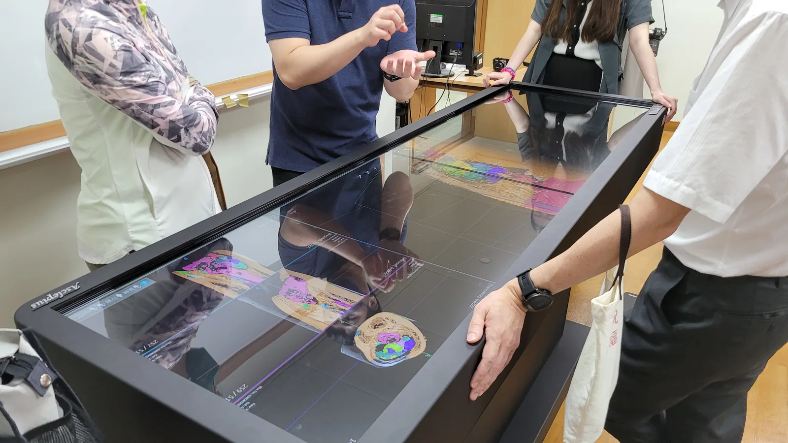 Four people standing around a flat Asclepius table, examining coloured
                    cross-sectional CT images on its screen.
