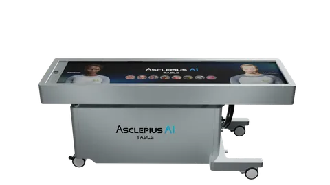 The Asclepius AI Table, a flat-lying virtual dissection table with its interface lit up