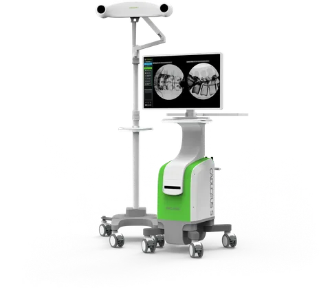 The Caduceus S navigation cart with its tracking camera arm and twin registered views