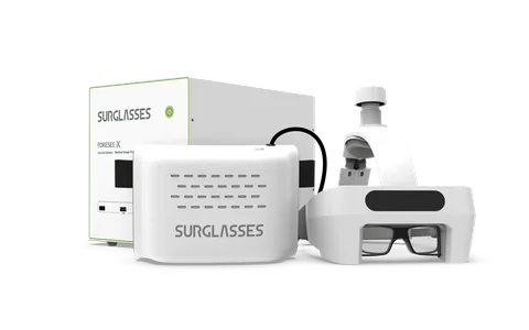 The Foresee-X kit: AR headset, wireless transmitter and carrying case