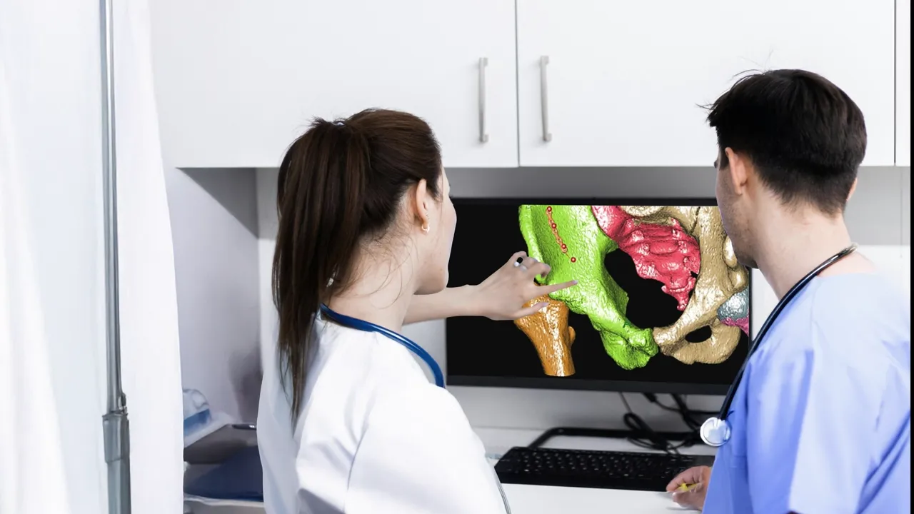 Two clinicians at a workstation reviewing an OOOPDS plan on the monitor: a
                  colour-segmented 3D pelvis with a planned screw path marked in red, one of
                  them pointing at the fracture site.